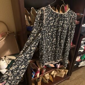 Navy Floral Print Blouse with Cream Accents